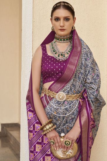 Grey Color Function Wear Trendy Printed Saree In Patola Silk Fabric