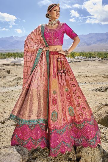 Attractive Multi Color Jacquard Work Banarasi Silk Fabric Wedding Wear Lehenga Choli