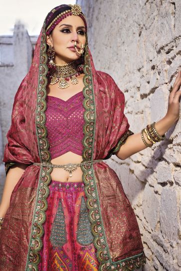 Jacquard Work Wedding Wear Multi Color Designer Lehenga Choli In Banarasi Silk Fabric
