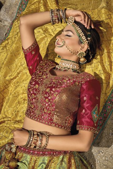 Multi Color Banarasi Silk Fabric Wedding Wear Jacquard Work Lehenga Choli