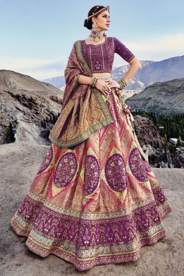 Multi Color Jacquard Work Banarasi Silk Fabric Lehenga Choli With Dupatta