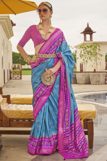 Sky Blue Color Printed Patola Silk Fabric Saree
