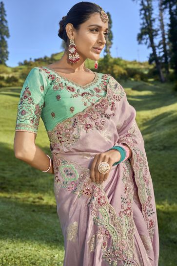 Marvellous Embroidered Work On Fancy Silk Fabric Saree In Pink Color
