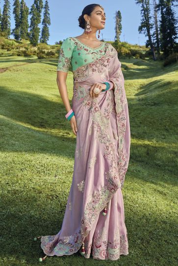 Marvellous Embroidered Work On Fancy Silk Fabric Saree In Pink Color