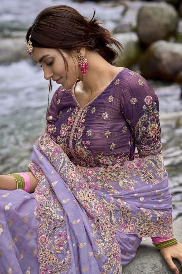 Amazing Lavender Color Fancy Silk Fabric Saree With Embroidered Work
