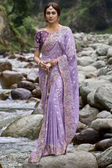 Amazing Lavender Color Fancy Silk Fabric Saree With Embroidered Work