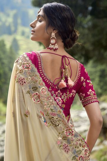 Solid Fancy Silk Fabric Embroidered Work On Saree In Beige Color