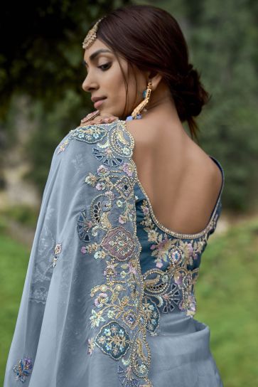 Sober Light Cyan Color Fancy Silk Fabric Saree With Embroidered Work