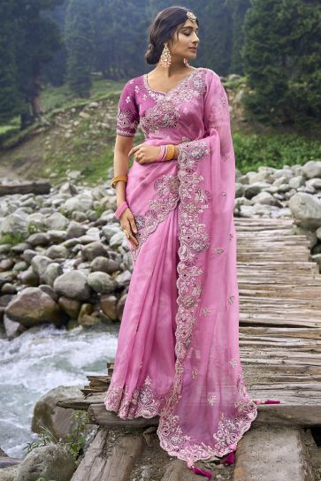 Pink Color Embroidered Work On Engaging Fancy Silk Fabric Saree