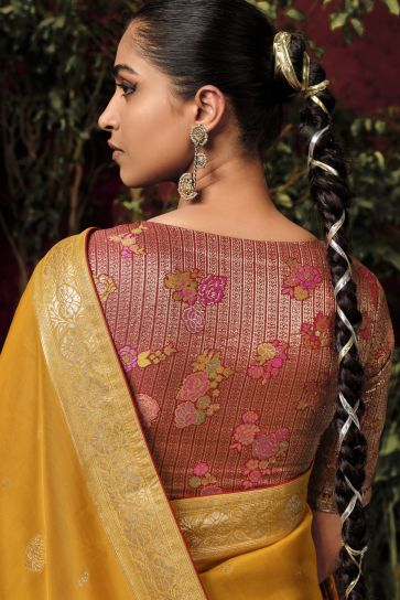 Weaving Designs On Mustard Color Viscose Silk Function Wear Saree