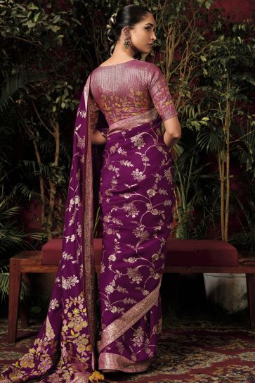Weaving Designs On Viscose Silk Purple Color Function Wear Saree