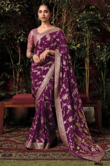 Weaving Designs On Viscose Silk Purple Color Function Wear Saree