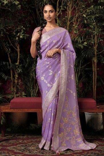 Viscose Silk Lavender Color Trendy Look Saree With Weaving Work