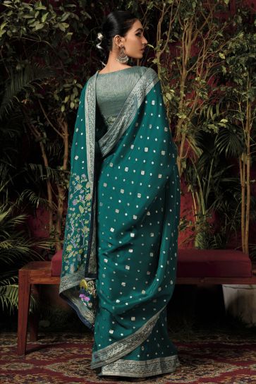 Teal Color Viscose Silk Traditional Wear Saree With Weaving Work