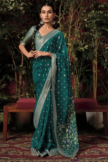 Teal Color Viscose Silk Traditional Wear Saree With Weaving Work