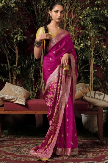 Weaving Designs On Rani Color Party Wear Viscose Silk Saree