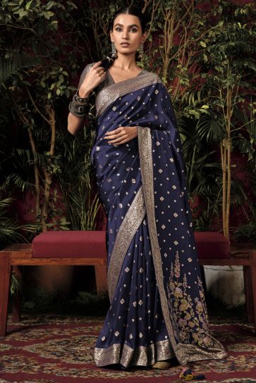 Function Wear Navy Blue Color Weaving Work Saree In Viscose Silk Fabric