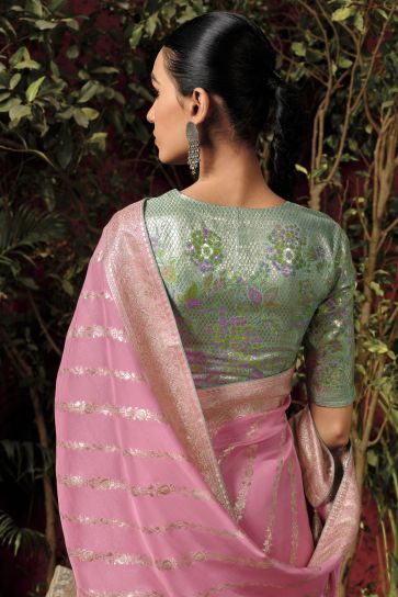 Weaving Work Pink Color Viscose Silk Designer Saree