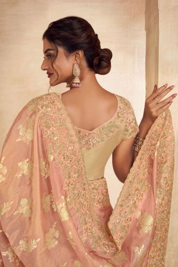 Function Wear Peach Color Fantastic Art Silk Fabric Embroidered Saree