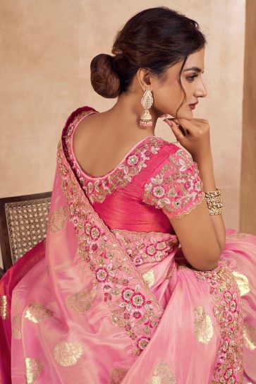 Appealing Embroidered Art Silk Fabric Function Wear Saree In Pink Color