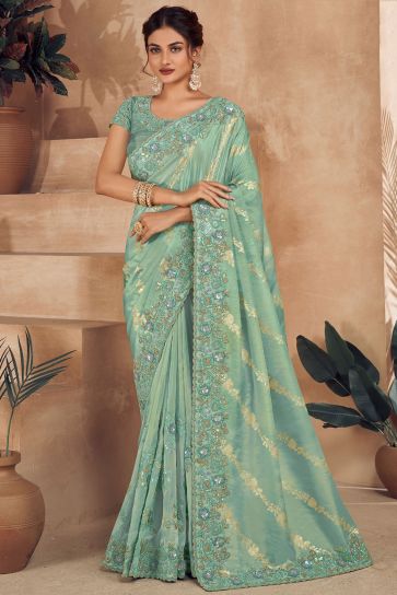 Function Wear Embroidered Sea Green Color Aristocratic Art Silk Fabric Saree