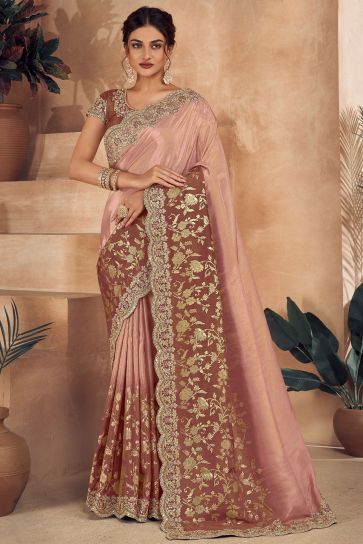 Imperial Peach Color Function Wear Art Silk Fabric Embroidered Saree