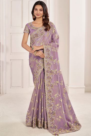 Flamboyant Art Silk Fabric Function Wear Embroidered Saree In Lavender Color