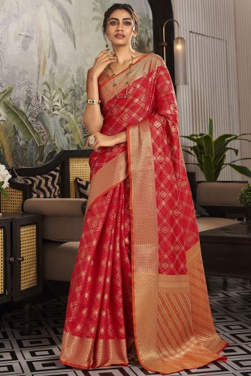 Festive Look Red Color Fantastic Art Silk Saree With Weaving Designs