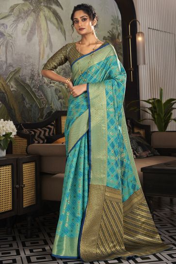 Imperial Cyan Color Festive Look Art Silk Saree With Weaving Designs