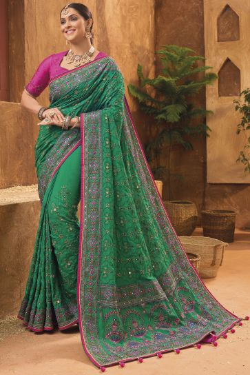Ingenious Kachhi Work Green Color Banarasi Silk Saree