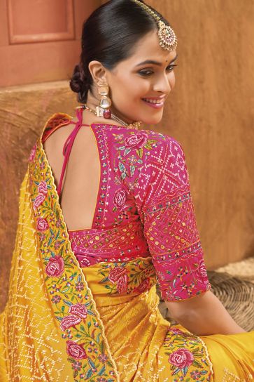 Phenomenal Kachhi Work Mustard Color Banarasi Silk Saree