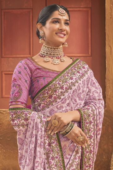 Fashionable Pink Color Kachhi Work Banarasi Silk Saree
