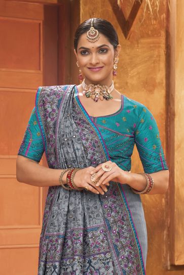 Glamorous Grey Color Kachhi Work Banarasi Silk Saree