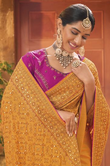 Mustard Color Gorgeous Kachhi Work Banarasi Silk Saree