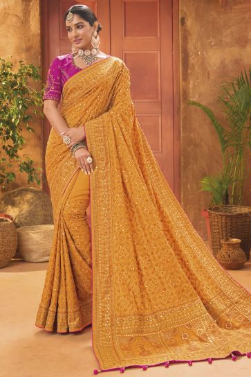 Mustard Color Gorgeous Kachhi Work Banarasi Silk Saree