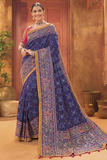 Blue Color Fascinating Kachhi Work Banarasi Silk Saree