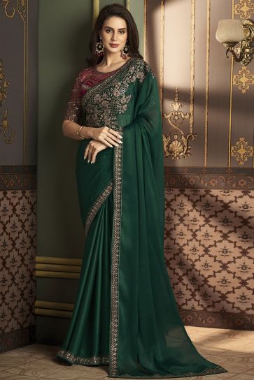 Dark Green Color Art Silk Fabric Coveted Sangeet Wear Saree With Border Work