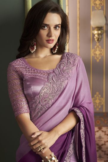 Art Silk Fabric Lavender Color Riveting Sangeet Wear Saree With Border Work