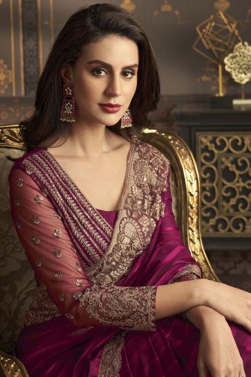 Art Silk Fabric Magenta Color Patterned Sangeet Wear Saree With Border Work