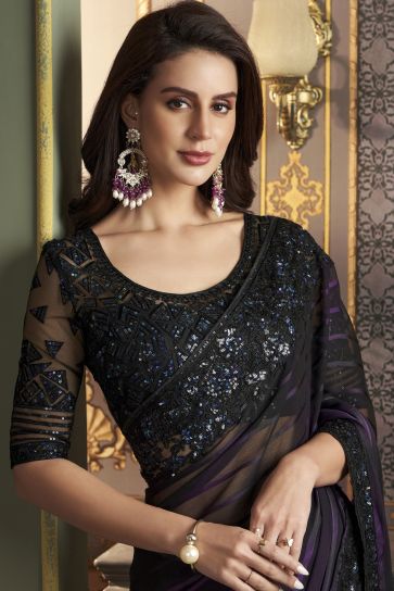 Border Work On Black Color Sober Sangeet Wear Saree In Satin Silk Fabric