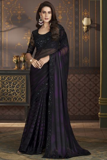Border Work On Black Color Sober Sangeet Wear Saree In Satin Silk Fabric