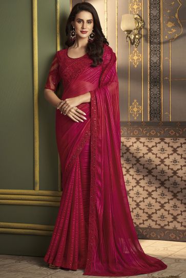 Rani Color Border Work On Art Silk Fabric Stunning Sangeet Wear Saree