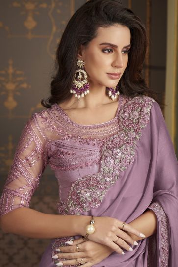 Incredible Border Work On Satin Silk Fabric Lavender Color Sangeet Wear Saree
