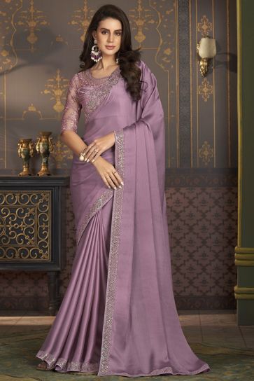 Incredible Border Work On Satin Silk Fabric Lavender Color Sangeet Wear Saree