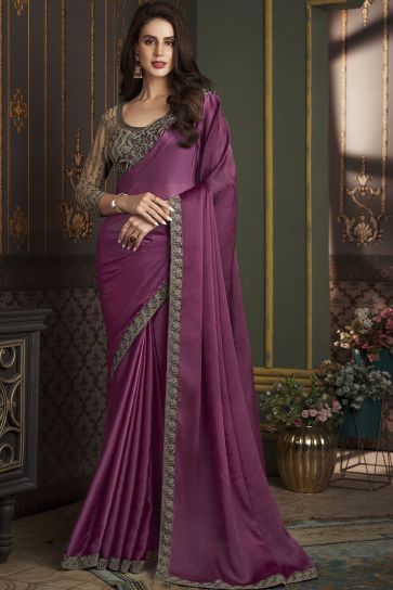 Purple Color Chiffon Silk Fabric Special Sangeet Wear Saree With Border Work