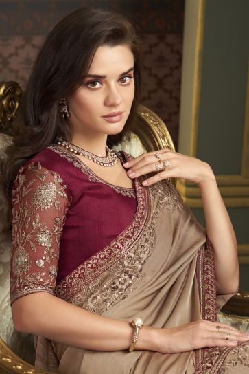Art Silk Fabric Beige Color Pleasance Sangeet Wear Saree With Border Work