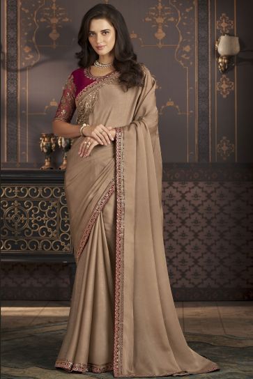 Art Silk Fabric Beige Color Pleasance Sangeet Wear Saree With Border Work