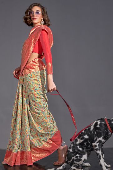 Art Silk Fabric Sea Green Color Gorgeous Look Weaving Designs Saree