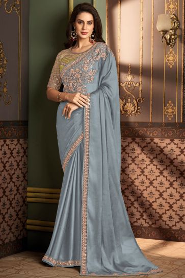 Soothing Border Work On Grey Color Art Silk Fabric Saree