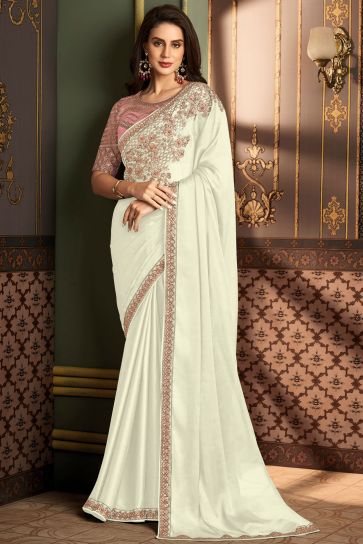 Net Designer Saree Party Wear Off White Colour
